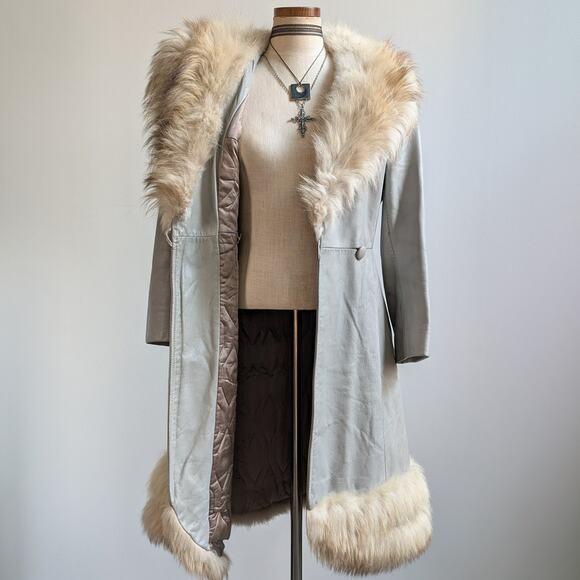 Vintage Leather Penny Lane Coat Grey Cream Fur Trim Trench Afghan Jacket Medium - Picture 3 of 12
